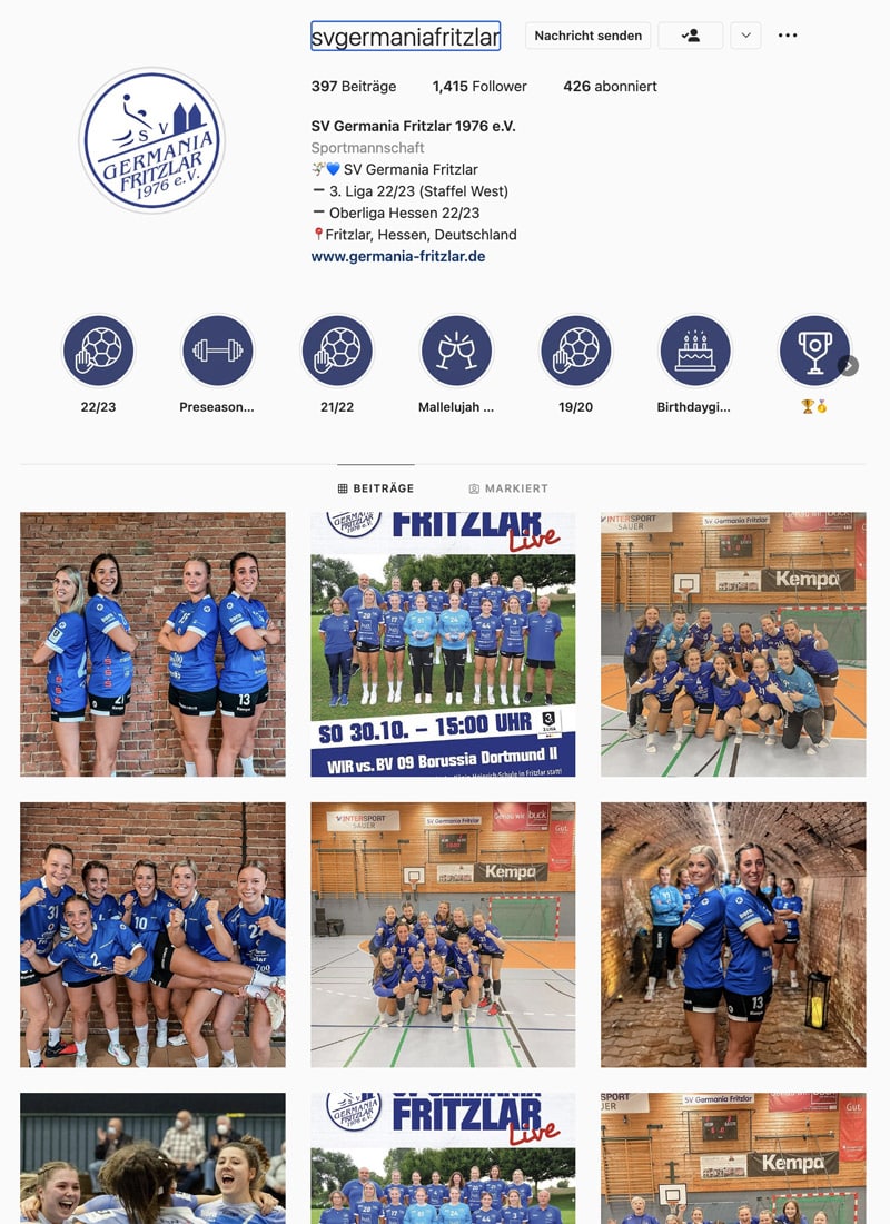 instagram, profil, sv germania fritzlar, handball, damen, förderung, sponsoring